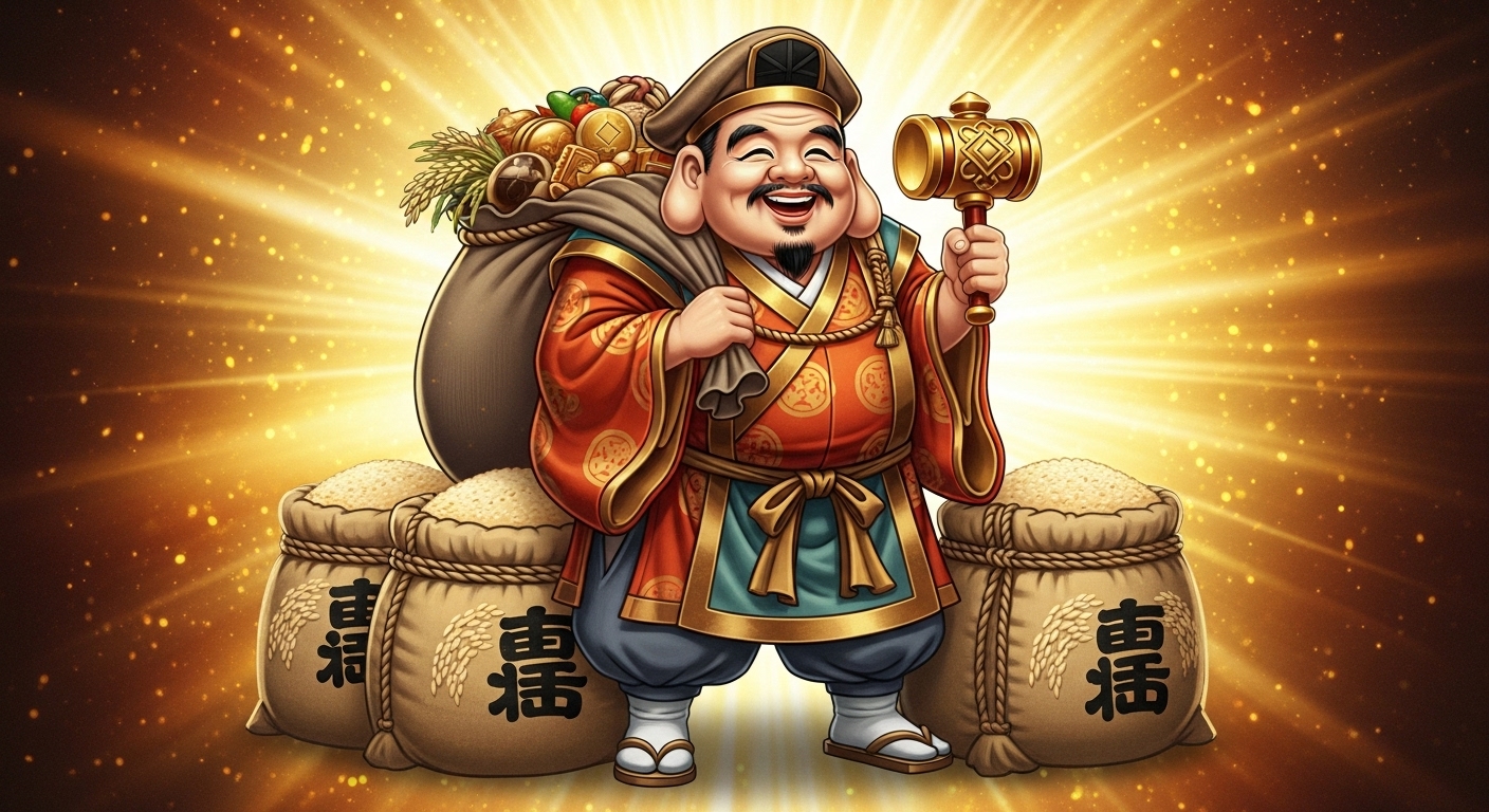 満面の笑みを浮かべた福々しい大黒様が、大きな袋を肩にかけ、打ち出の小槌を手にしている。足元には米俵が積まれ、背景からは金色の光が差し込んでいる。豊かさと幸福感が溢れる、縁起の良いイラスト。