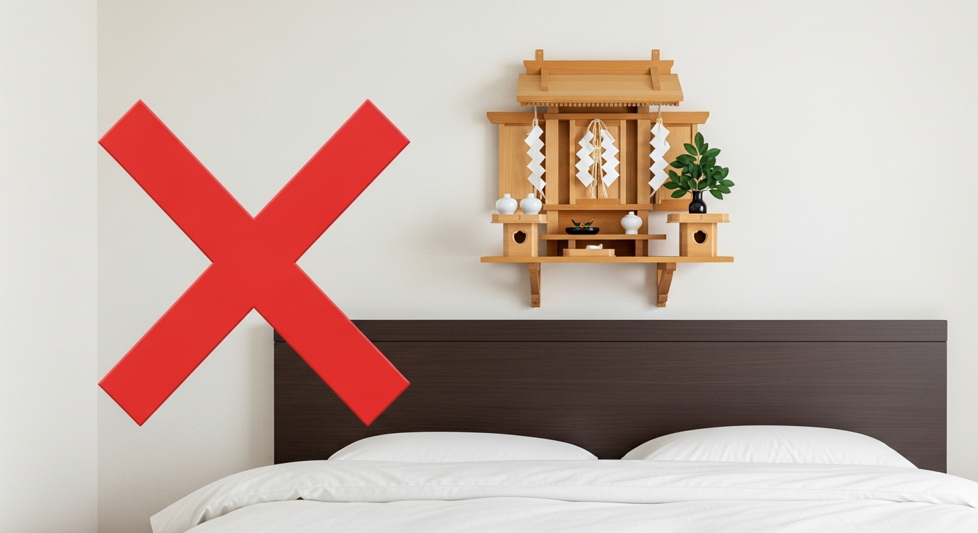 寝室のNGな神棚の配置とOKな配置を比較した、分かりやすいイラスト図解。「ベッドの真上」「足元の延長線上」にNGのバツ印、「部屋の側面で、足が向かない高い位置」にOKのマル印がついている