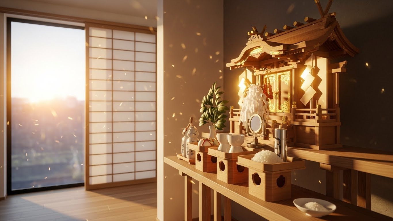 光に包まれた神棚と瑞々しい榊