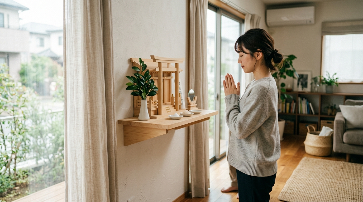 現代的なリビングでモダンな神棚に静かに手を合わせる20代の日本人女性