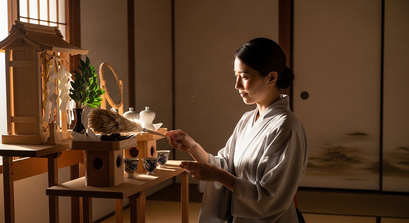 朝日の中で、日本人の女性が優しい手つきで神棚を毛ばたきで清めている。その表情は穏やかで感謝に満ちている。