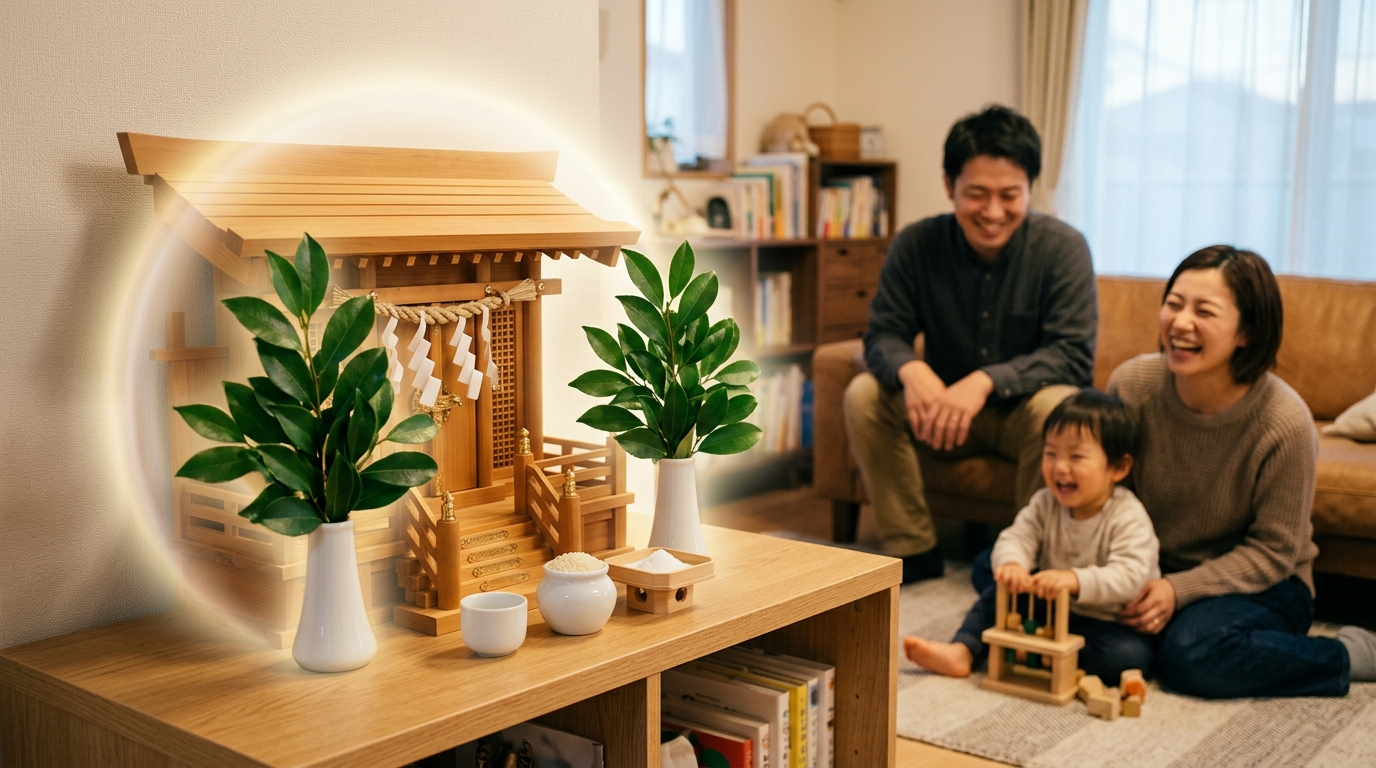 家族を守る結界のように温かな光を放つモダンな神棚とリビングで微笑む日本人家族