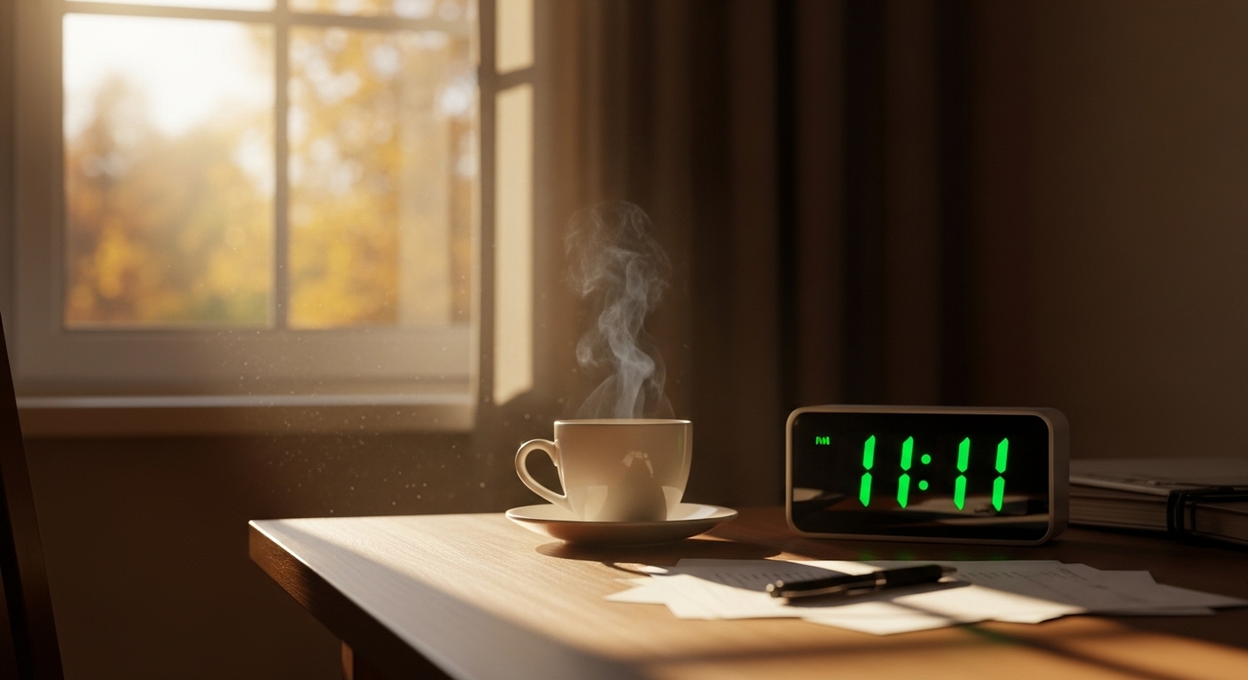 窓辺の机に置かれたコーヒーカップの湯気の向こうで、デジタル時計が「11:11」を示している。光が柔らかく差し込んでいる。