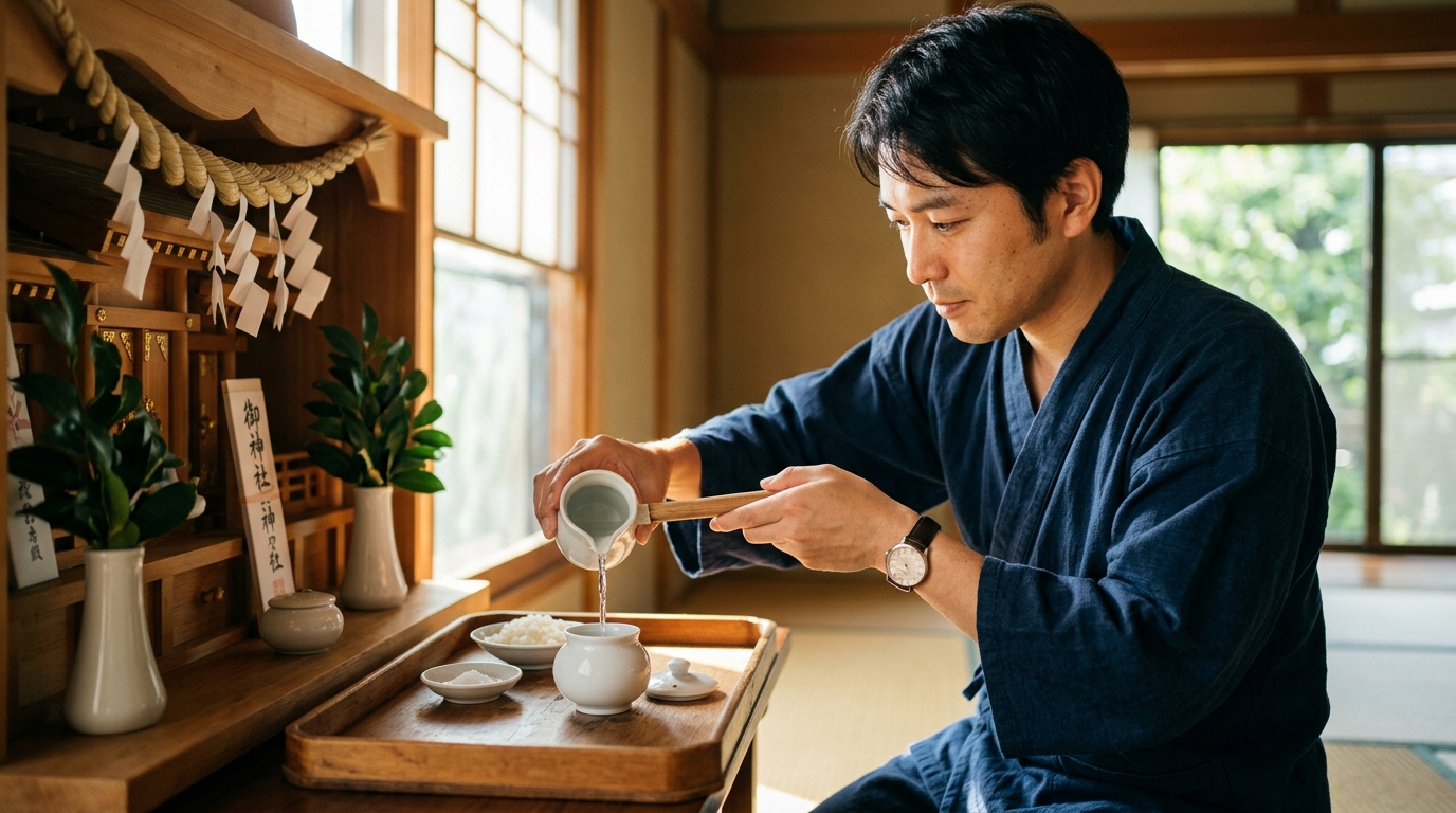 朝の光の中で神棚のお供えの水を丁寧に取り替える30代の日本人男性