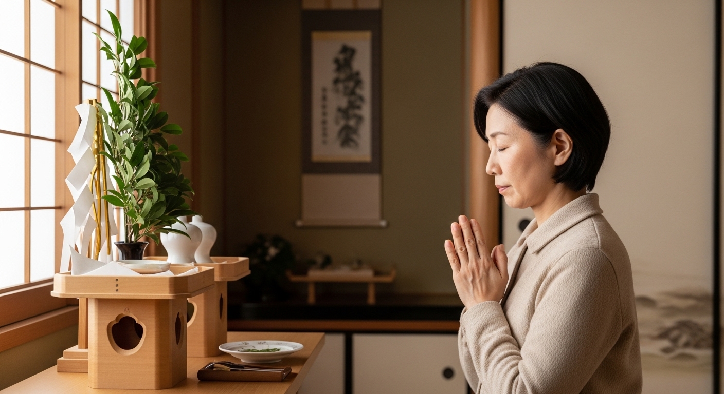 日本人の50代の女性が、自宅の和室にある神棚の前で静かに目を閉じ、穏やかな表情で手を合わせている。朝の柔らかい光が障子を通して斜めに差し込み、神棚と女性の横顔を優しく照らしている。神棚には新しい榊（さかき）が供えられており、部屋は清らかで、凛とした空気に満ちている。女性の表情には、長年の習慣からくる静かな感謝と、新たな気づきを得たような、かすかな安堵感が表れている。派手さはないが、見る人の心が温かくなるような、誠実さと敬意が伝わる一枚