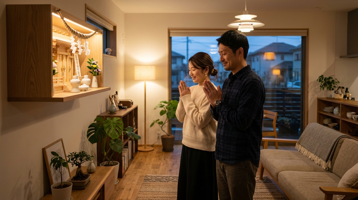 夜の穏やかなリビングで神棚に祈りを捧げる30代の日本人夫婦