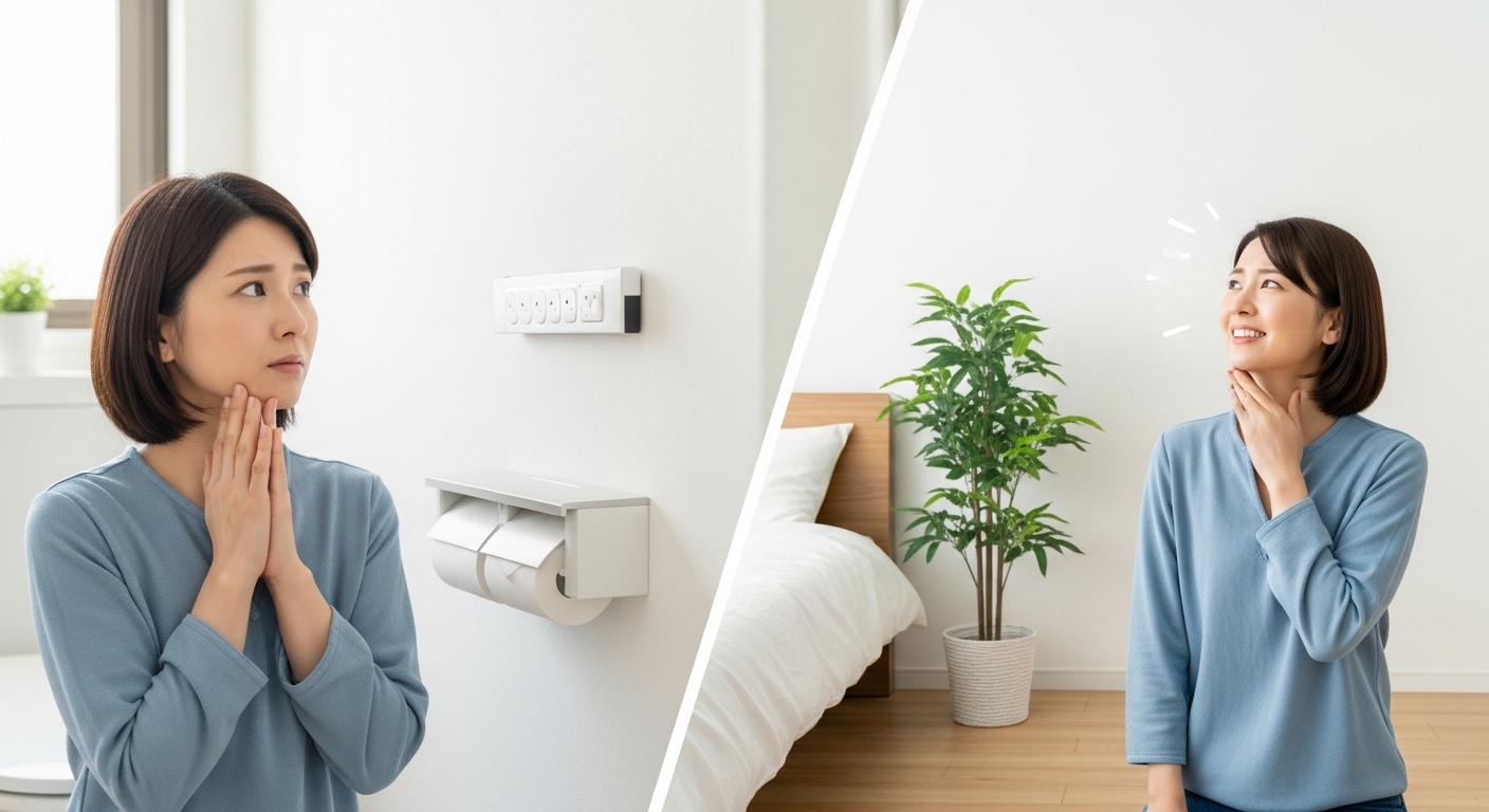 トイレの壁に隣接した寝室で、日本人女性が不安そうにベッドの配置を眺めている。しかし、次の瞬間、何かを思いついたように笑顔になり、観葉植物を置いたり、ベッドの位置を少しずらしたりと、前向きに対策を始めているビフォーアフターが半分ずつ見えるような構図。部屋全体は明るく清潔感があり、工夫次第で快適な空間になるという希望が感じられる