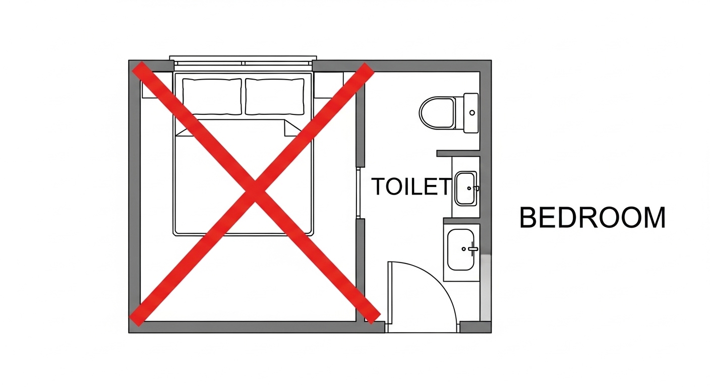 寝室とトイレの簡単な間取り図。トイレに面した壁にベッドの頭がついているNG例に大きく赤い×印が描かれているイラスト