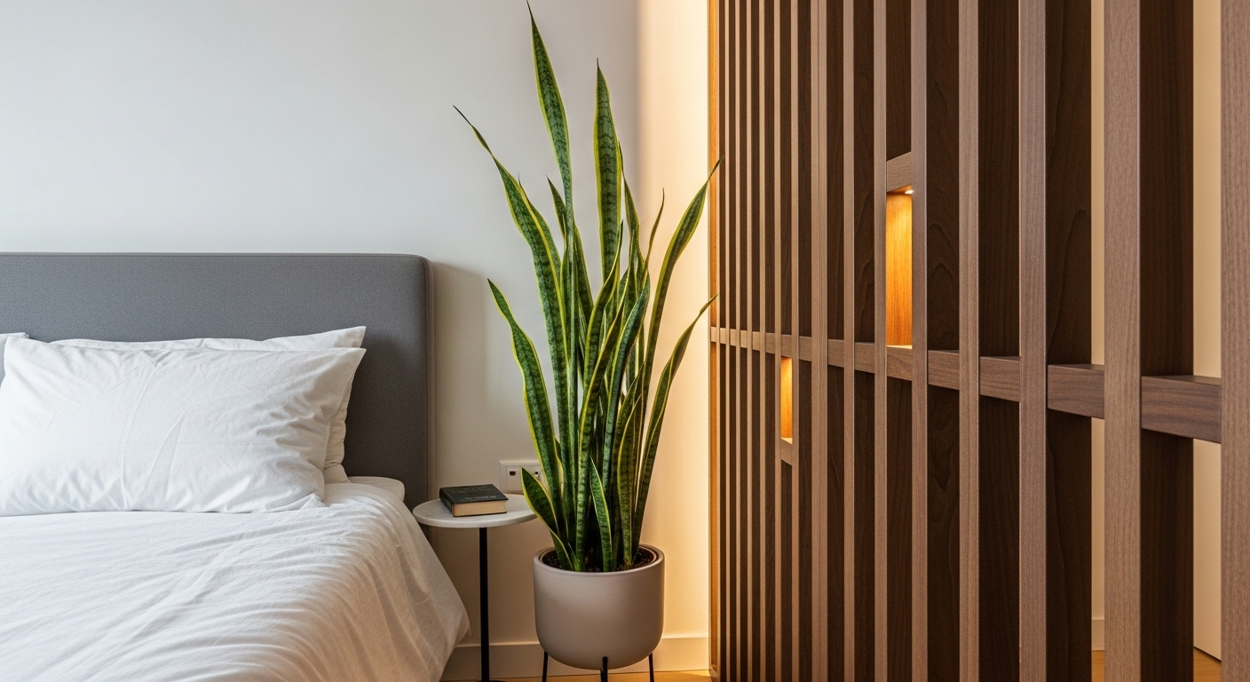 ベッドと壁の間に、背の高い観葉植物(サンスベリアなど)とおしゃれなデザインのパーテーションが置かれている様子。空間がうまく仕切られ、心地よさそうに見える