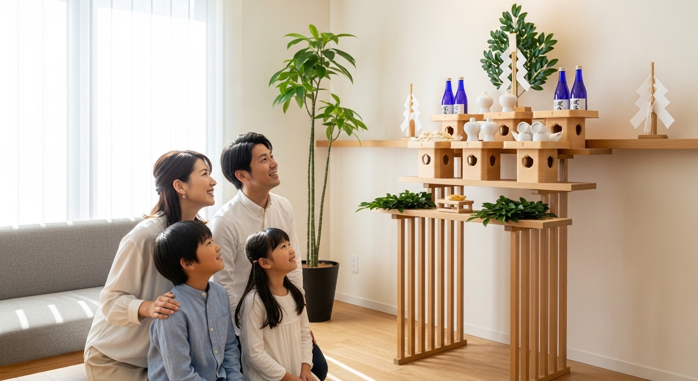 明るいリビングに設置されたモダンな神棚を見上げて微笑む日本人の家族、子供も一緒、写実的、高画質