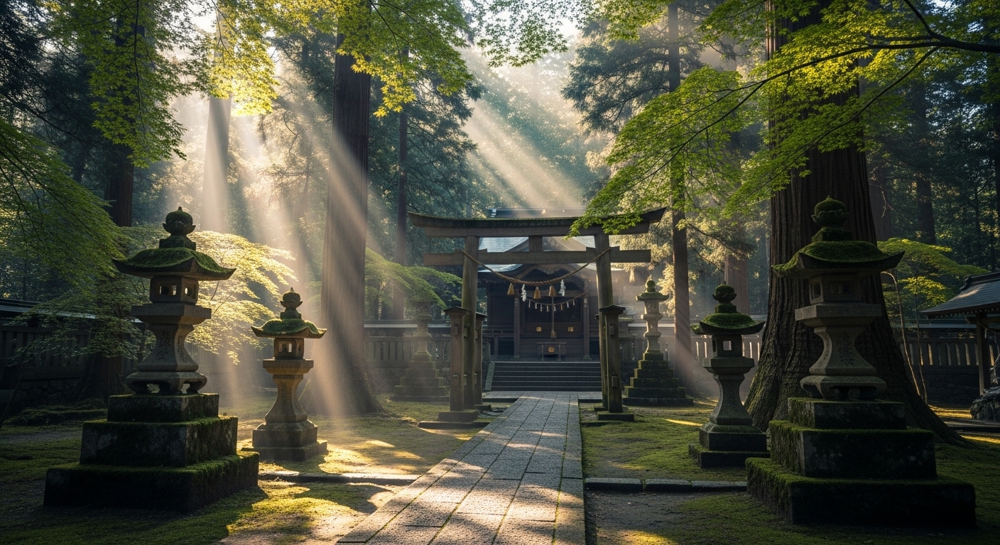 古木の間から光が差し込む、静かで神聖な神社の空間。清らかさと静けさを表現。
