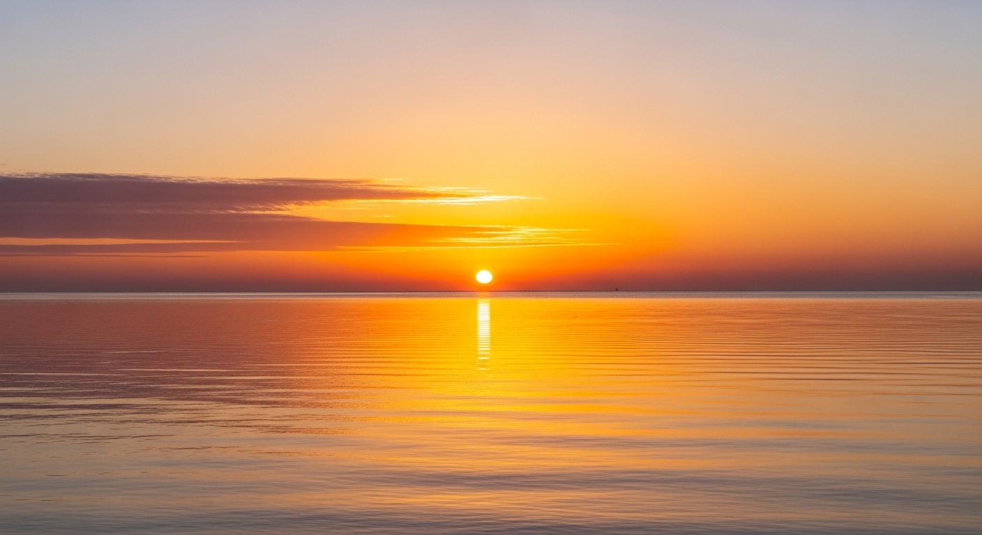 穏やかな海から昇る美しい朝日。新しい始まりと心の透明感を象徴している