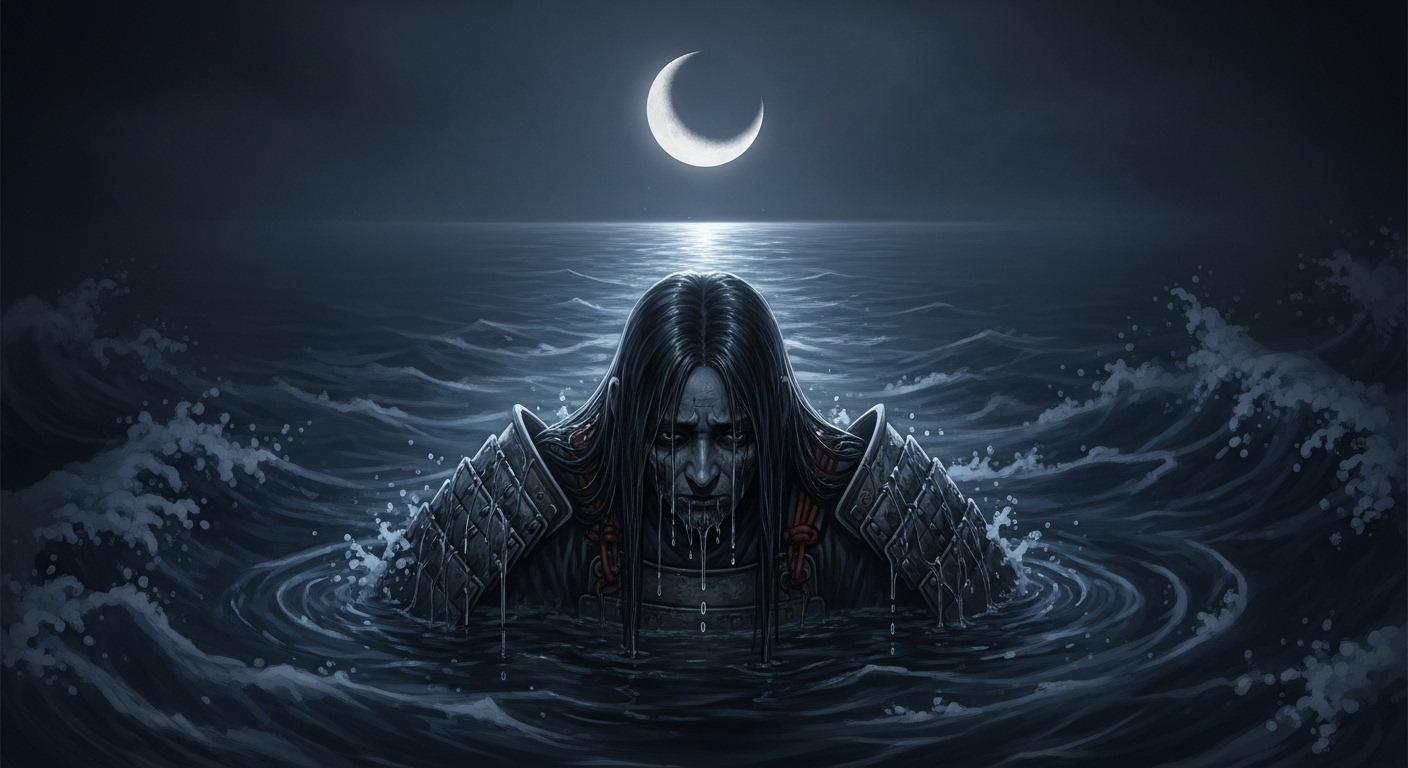 暗い海と月を背景に、水と影の中に佇むヒルコ様の悲劇的で美しいイメージ