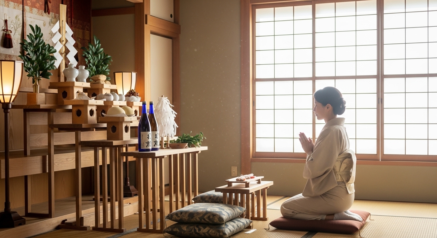 明るい自然光が差し込む和室で、きれいな神棚に手を合わせている30代の日本人女性。その表情は穏やかで清々しい。神棚の下のスペースはきれいに整えられており、神聖でありながらも温かい家庭の雰囲気が伝わってくる。画像全体は柔らかく、少し神聖な光に包まれているようなイメージ。