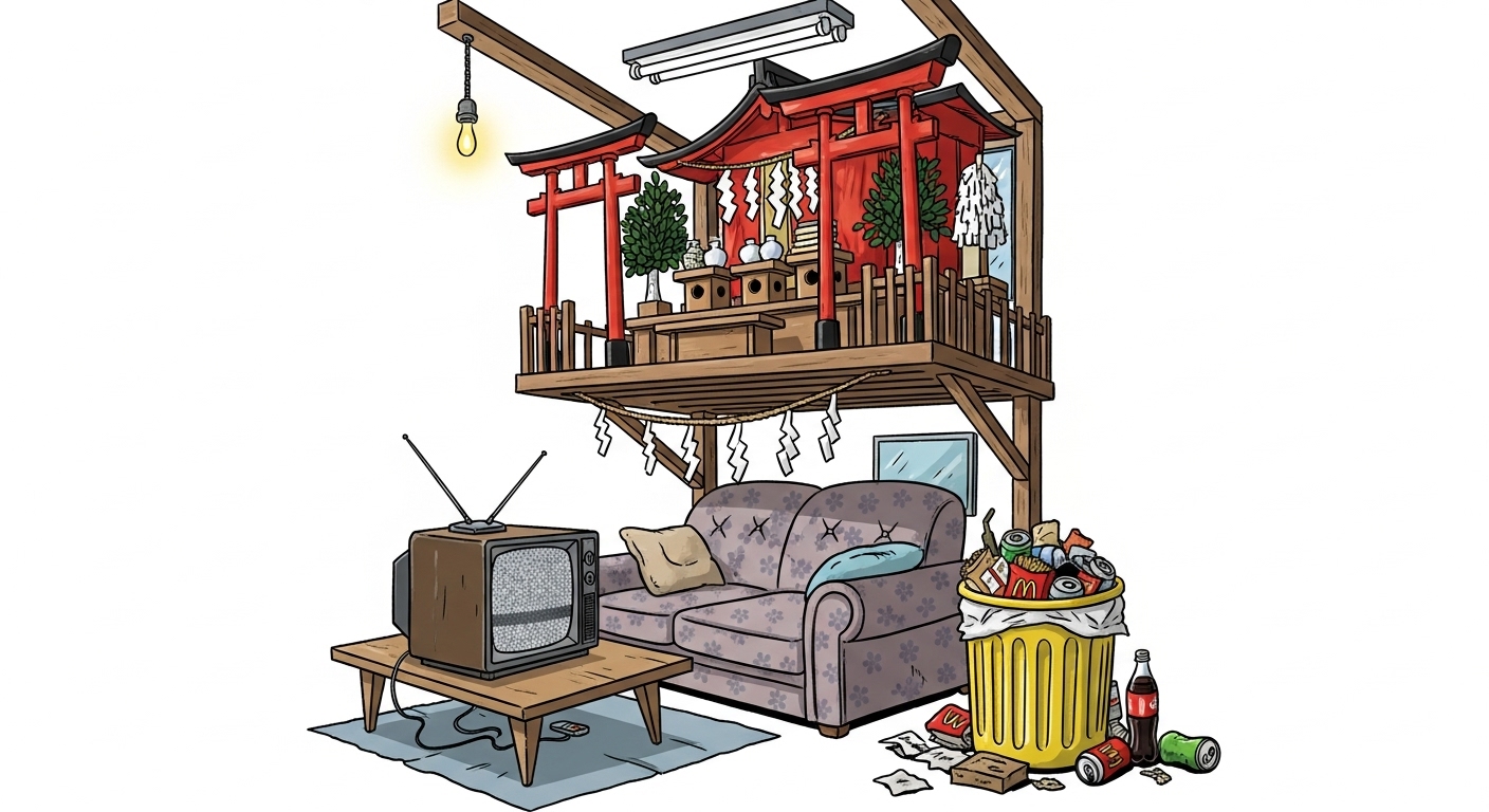 神棚の下にソファやテレビ、ゴミ箱が置かれているNGな状況を分かりやすく示す、少しコミカルで注意喚起するようなイラスト