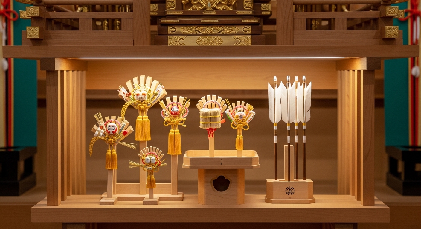 整えられた神棚の下のスペースに、小さな台が置かれ、その上に美しい熊手や破魔矢が飾られている様子の写真。清潔感と神聖さが感じられる