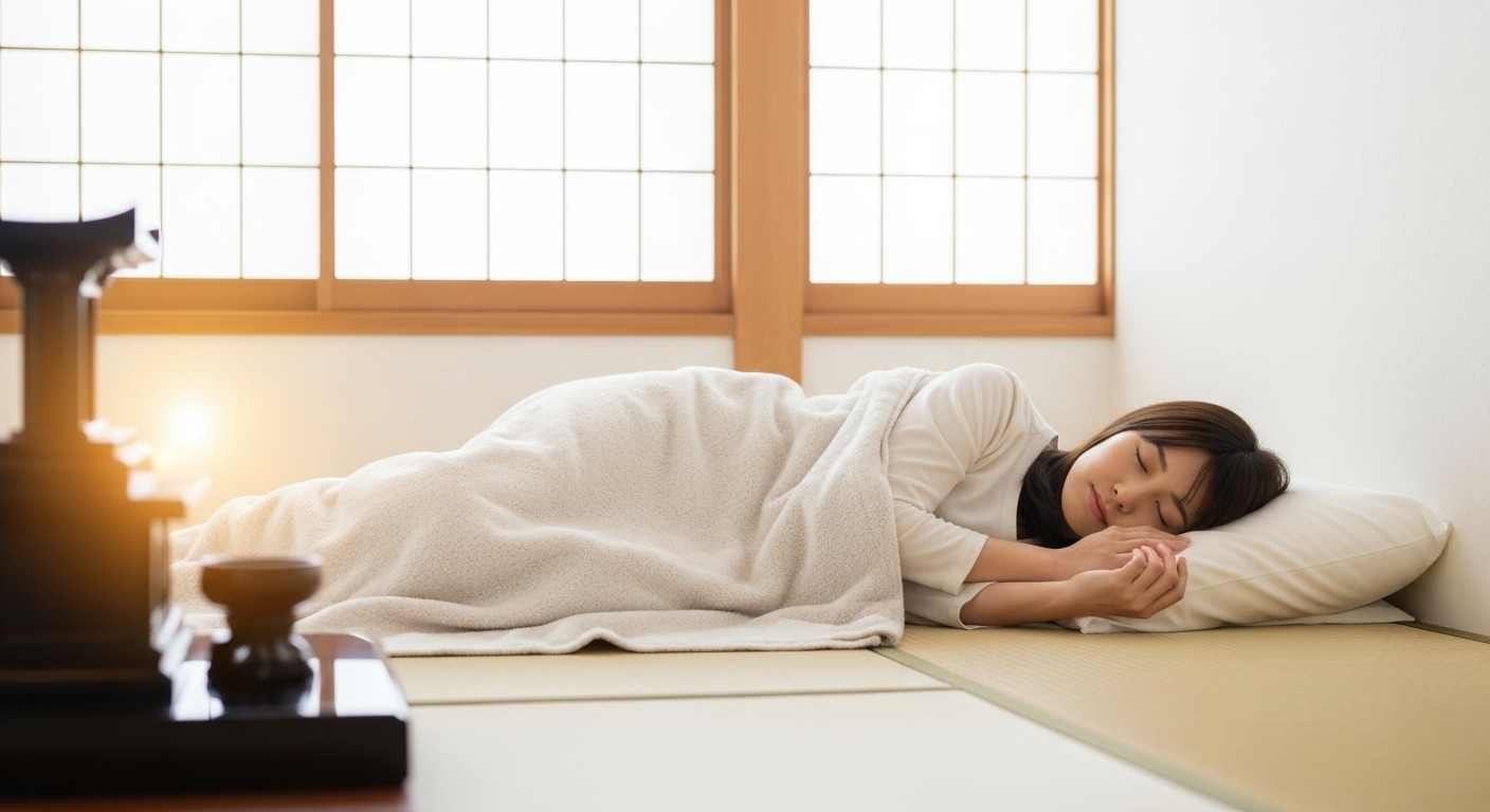 明るく清潔な和室（仏間）で、若い日本人女性が穏やかな表情で安らかに眠っている。部屋の片隅にある仏壇からは、まるで見守っているかのような、温かく優しい光がほのかに放たれている。怖い雰囲気は一切なく、むしろ神聖で守られているような安心感が伝わってくる。画像全体は、柔らかく心地よい雰囲気