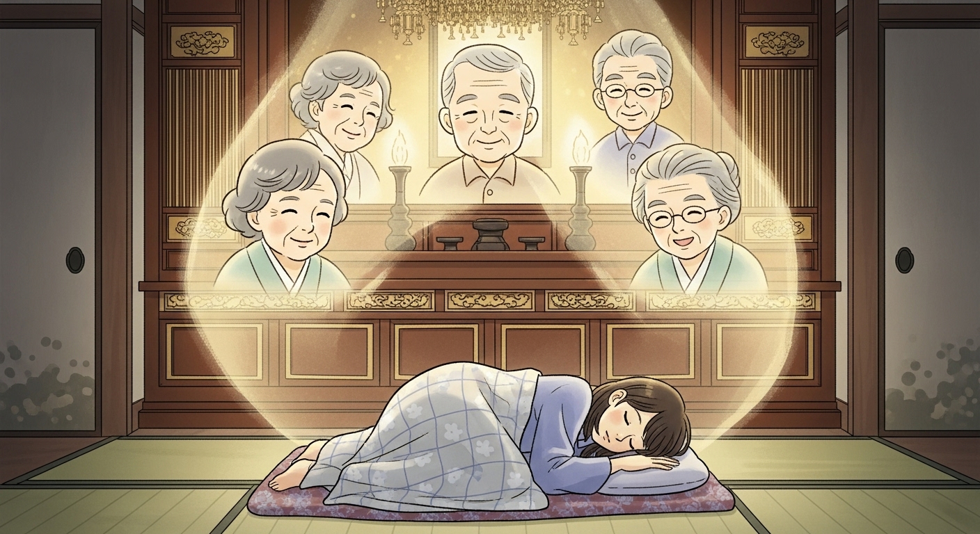 優しい笑顔のご先祖様(おじいちゃん・おばあちゃんのイメージ)の霊体が、仏壇の前で眠る孫(若い日本人女性)を、温かい光で包み込みながら見守っている、心温まるイラスト
