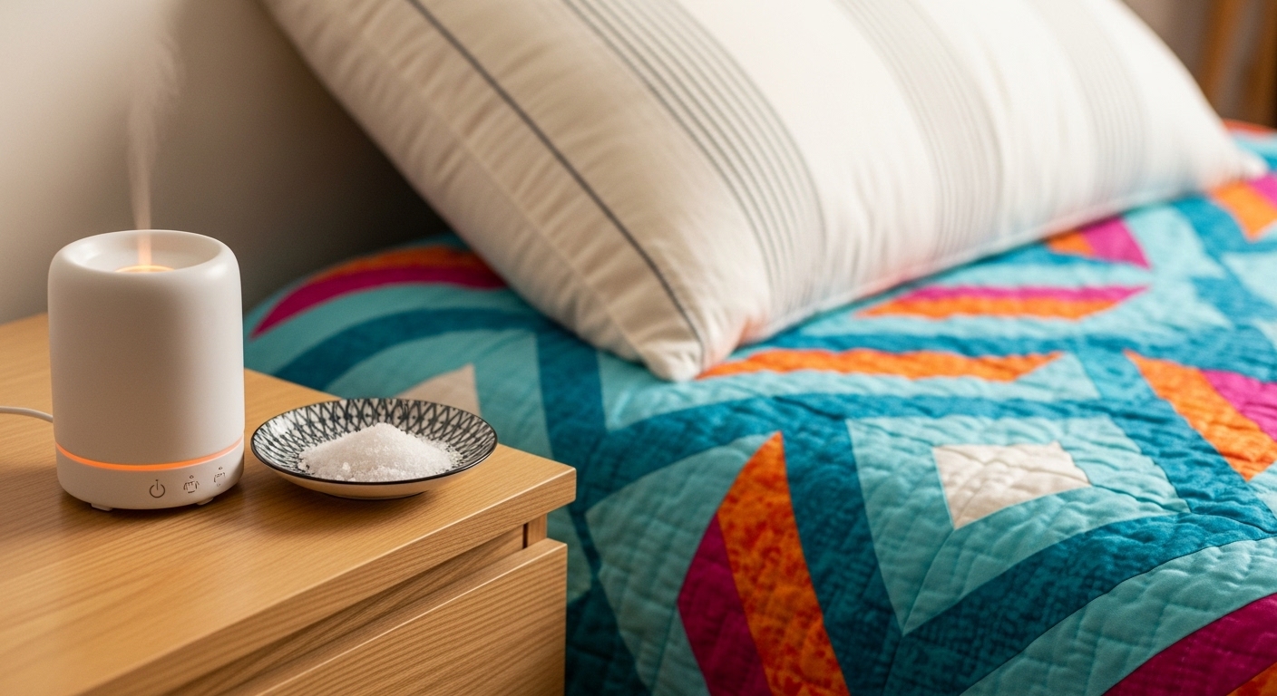 明るい色の寝具で整えられた布団の枕元に、小さなアロマディフューザー(またはお香立て)と、可愛らしい小皿に盛られた盛り塩が置かれている、おしゃれで安心感のある空間