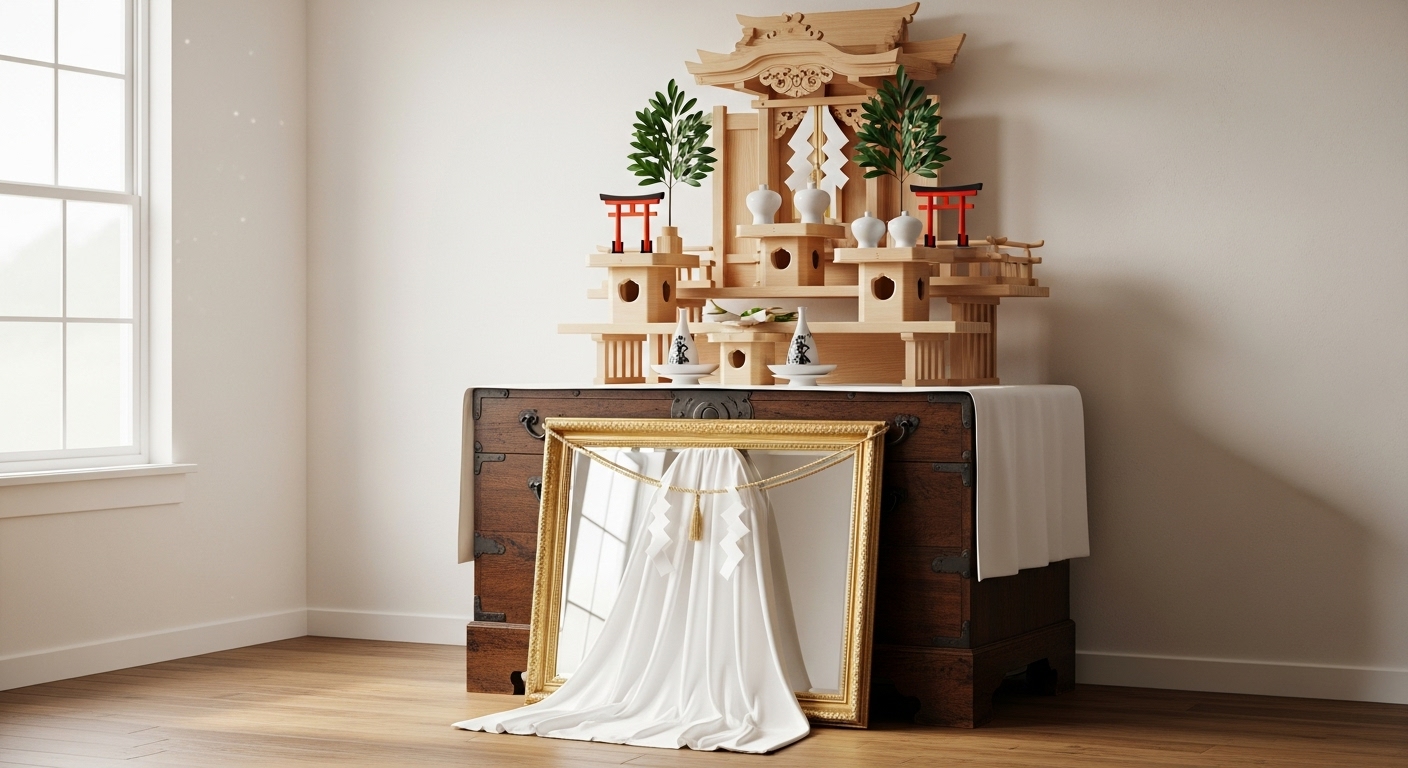 上品な木製のチェストの上に置かれた神棚。その下の大きな鏡の部分が、美しい白い布で丁寧に覆われている様子。部屋は明るく、清潔感が漂っている