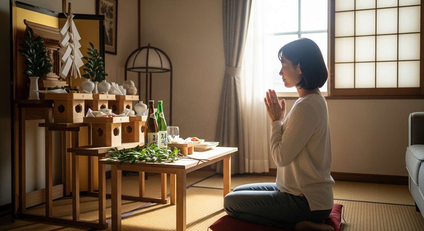 清々しい朝の光が差し込むリビングで、綺麗に整えられた神棚に向かって、穏やかな表情で手を合わせる30代の日本人女性の後ろ姿。感謝の気持ちが伝わってくるような、温かく神聖な雰囲気