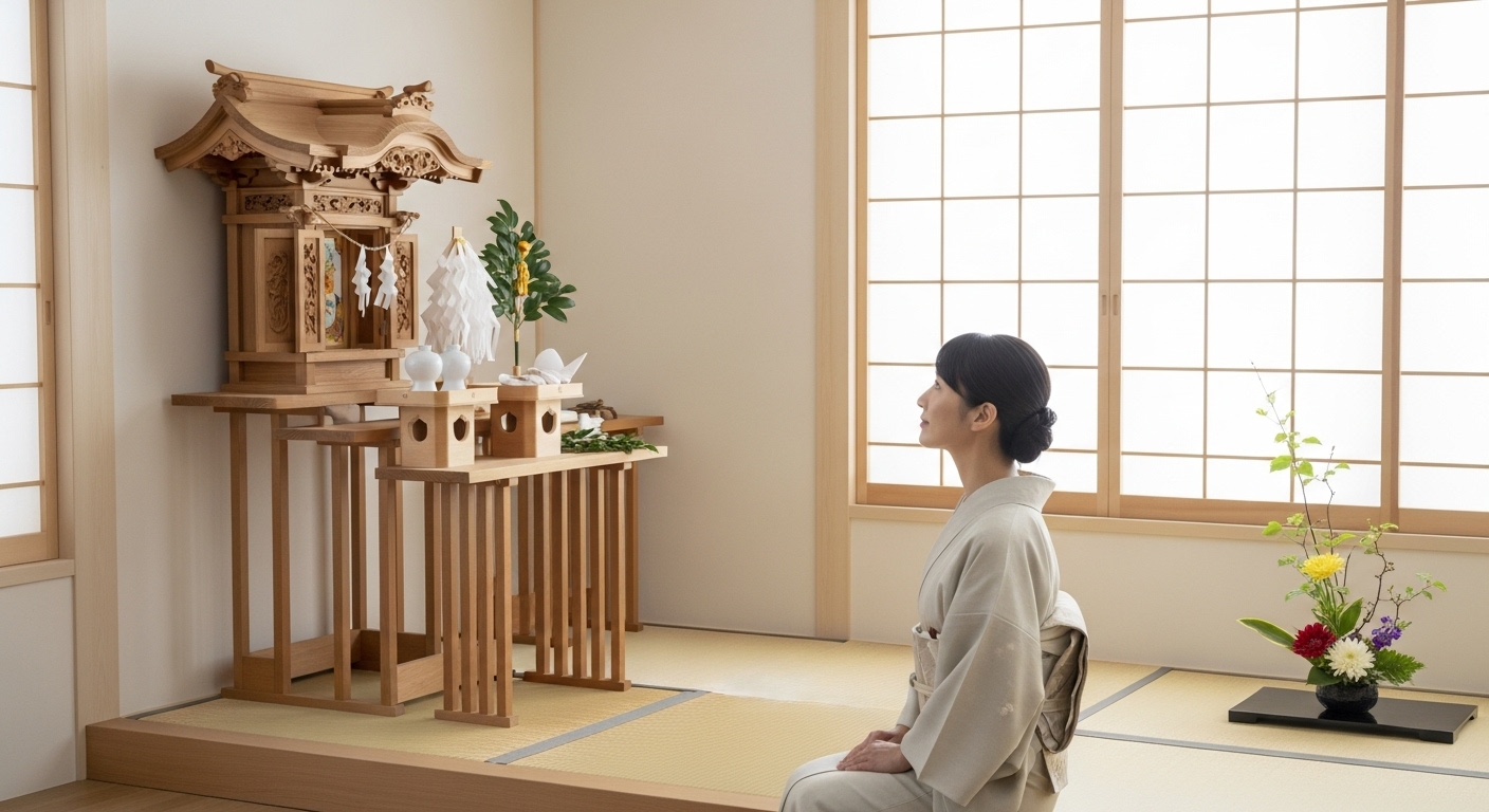 新しい神棚と明るい日差しの和室"