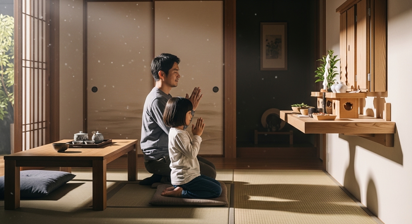 家族で神棚に手を合わせる温かい光景