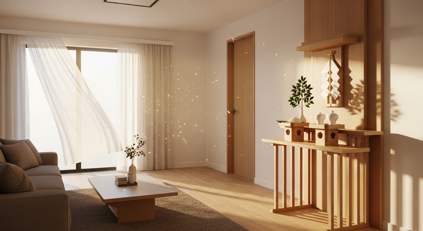 日光が差し込む、明るく清潔なモダンな日本のリビング。壁にはスタイリッシュでミニマルなデザインの神棚が設置されている。空気中には柔らかな光の粒子が舞い、神聖で穏やかな雰囲気を醸し出している。写真のようにリアルなスタイルで、高解像度、暖かく心地よい色調
