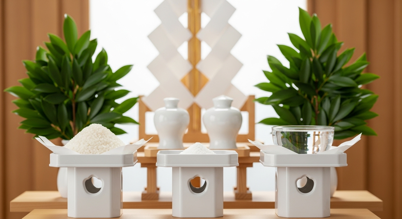 神棚の前に美しく配置されたお供え物（米、塩、水）のクローズアップ。白い陶器の神具に丁寧に盛られ、両脇には青々とした新鮮な榊が添えられている。柔らかく明るい自然光が差し込み、清潔で神聖な雰囲気を強調している。背景はシンプルで品のある木目。写真のようにリアルなスタイル、高解像度、浅い被写界深度で、お供え物に焦点が合っている。