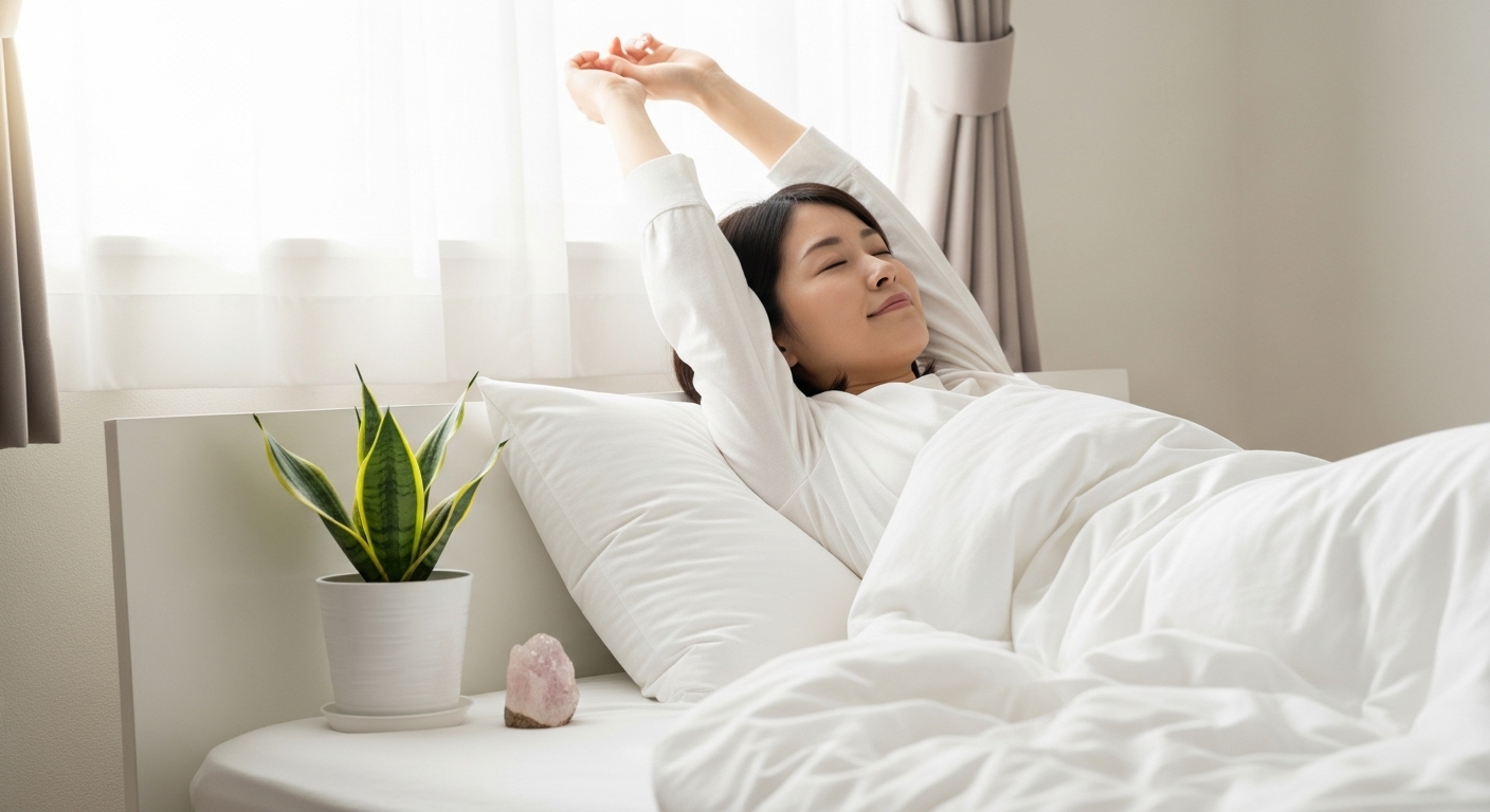 明るく清潔感のある寝室。窓からやわらかな朝日が差し込んでいる。ベッドには白いリネンがかかっており、枕元には小さな観葉植物（サンスベリア）と水晶が置かれている。ベッドの横で、30代の日本人の女性がすっきりと目覚め、気持ちよさそうに伸びをしている。安心感と希望に満ちた、穏やかな雰囲気