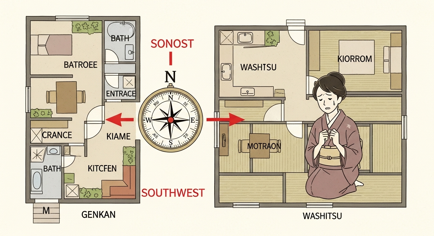 方位磁石のイラストと、家の間取り図。北東(鬼門)と南西(裏鬼門)が赤くハイライトされている。不安そうな顔の日本人の女性のイラストを添える