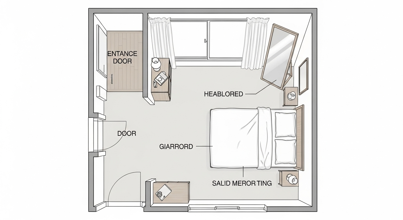 理想的な寝室のレイアウト図。ベッドがドアの対角線上にあり、頭が壁についている日本人の寝室。窓や鏡との位置関係も分かりやすく示されている