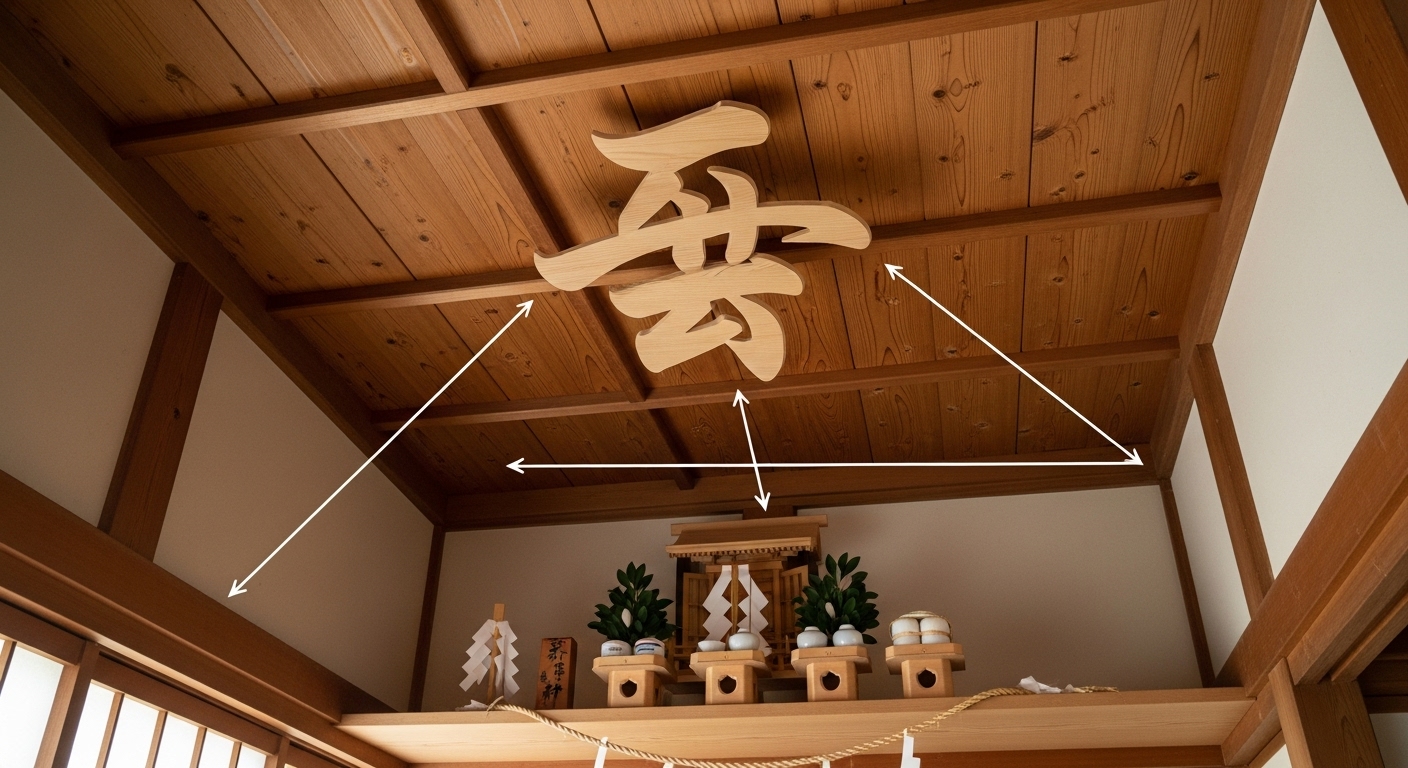 天井に貼られた木製の「雲」の字を見上げているアングル。神棚との位置関係がわかる図