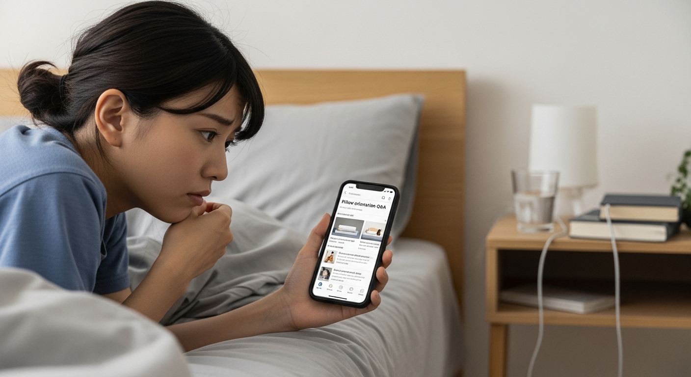 若い日本人の女性がベッドに横になり、スマホで「枕の向き 知恵袋」と検索している。表情は少し困惑気味。部屋のレイアウトに悩んでいる様子が伝わるリアルな雰囲気