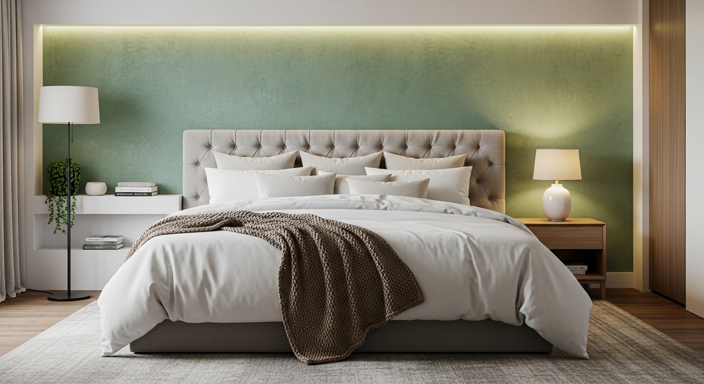 非常に快適そうな寝室。ベッドは壁際にあり、ドアの正面ではない。上質な寝具が整えられ、間接照明の柔らかい光が部屋を照らしている。最高の睡眠環境であることが一目でわかる