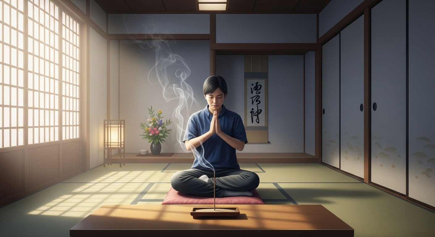 静かで神聖な和室。一人の人物が正座し、心静かに祈りを捧げている。目の前のお香から立ちのぼる一筋の煙が、光と影の中で荘厳な雰囲気を醸し出す。「祝詞」の持つ力と、それに向き合う際の敬虔な心構えを象徴した一枚です。