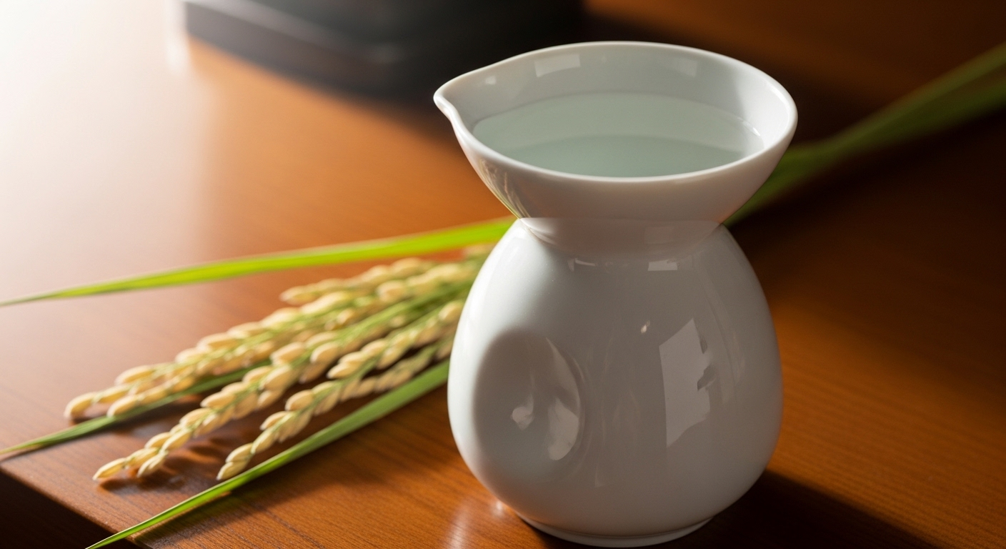 神棚にお供えされた清らかな日本酒と稲穂のクローズアップ