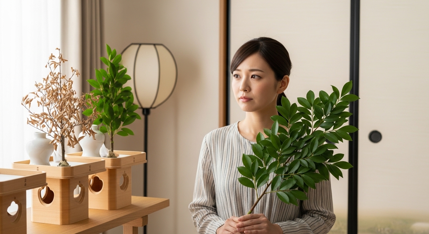 朝の光が差し込む和室で、30代の日本人女性が少し困ったような、でも真剣な表情で神棚を見つめている。神棚の榊立てのうち、片方の榊だけが茶色く枯れており、もう片方は青々としている様子がはっきりとわかる。女性のそばには新しい榊が置かれており、これから心を込めて交換しようとしている、丁寧で誠実な雰囲気が伝わる。