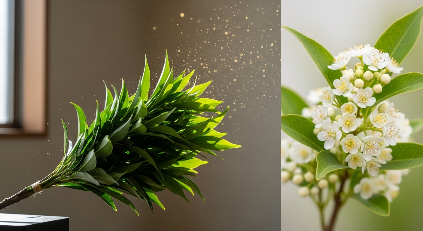 日本の神棚に飾られた瑞々しい「榊（さかき）」