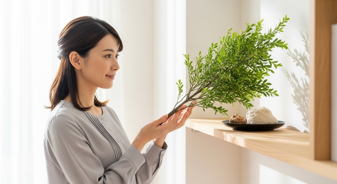 柔らかな自然光が差し込む、明るく清潔感のある部屋。一人の日本人女性（30代）が、棚の上に飾られた瑞々しい榊を、穏やかで優しい微笑みを浮かべながら眺めている。神棚はないが、榊があるだけでその空間が清らかで神聖な雰囲気に満ちている様子を表現。日々の暮らしに幸せと安らぎを感じている、ポジティブでスピリチュアルなイメージ