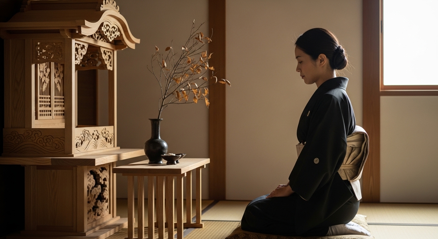 神棚の前に静かに座り、枯れた榊を穏やかな表情で見つめる日本人女性。不安というよりは、何かメッセージを受け取ろうとしているかのような、内省的な雰囲気