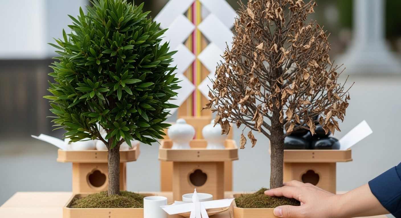 神棚のアップ。右側の榊だけが茶色く変色して枯れている様子。左側は青々としている対比。少し心配そうな日本人の手元