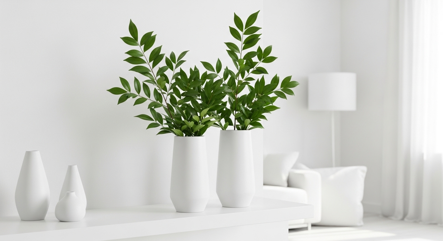 白を基調とした清潔感のあるリビングの棚の上。一対の白い花瓶に、青々とした瑞々しい榊が綺麗に活けられている様子。シンプルでモダンながらも神聖な雰囲気が漂う