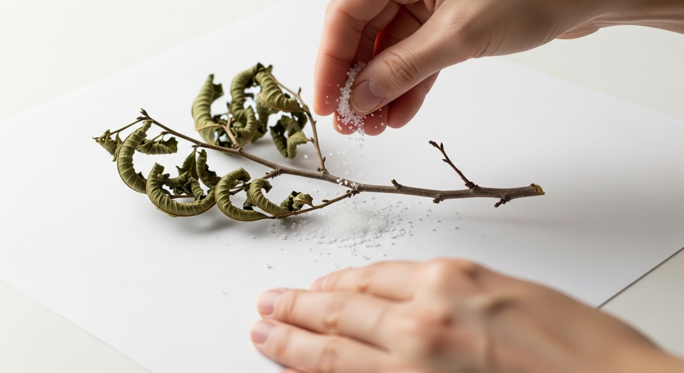 枯れた榊を、きれいな白い半紙の上に置き、その上からお清めの塩をそっと振りかけている丁寧な手の動き。感謝を込めて処理している様子が伝わるイラスト