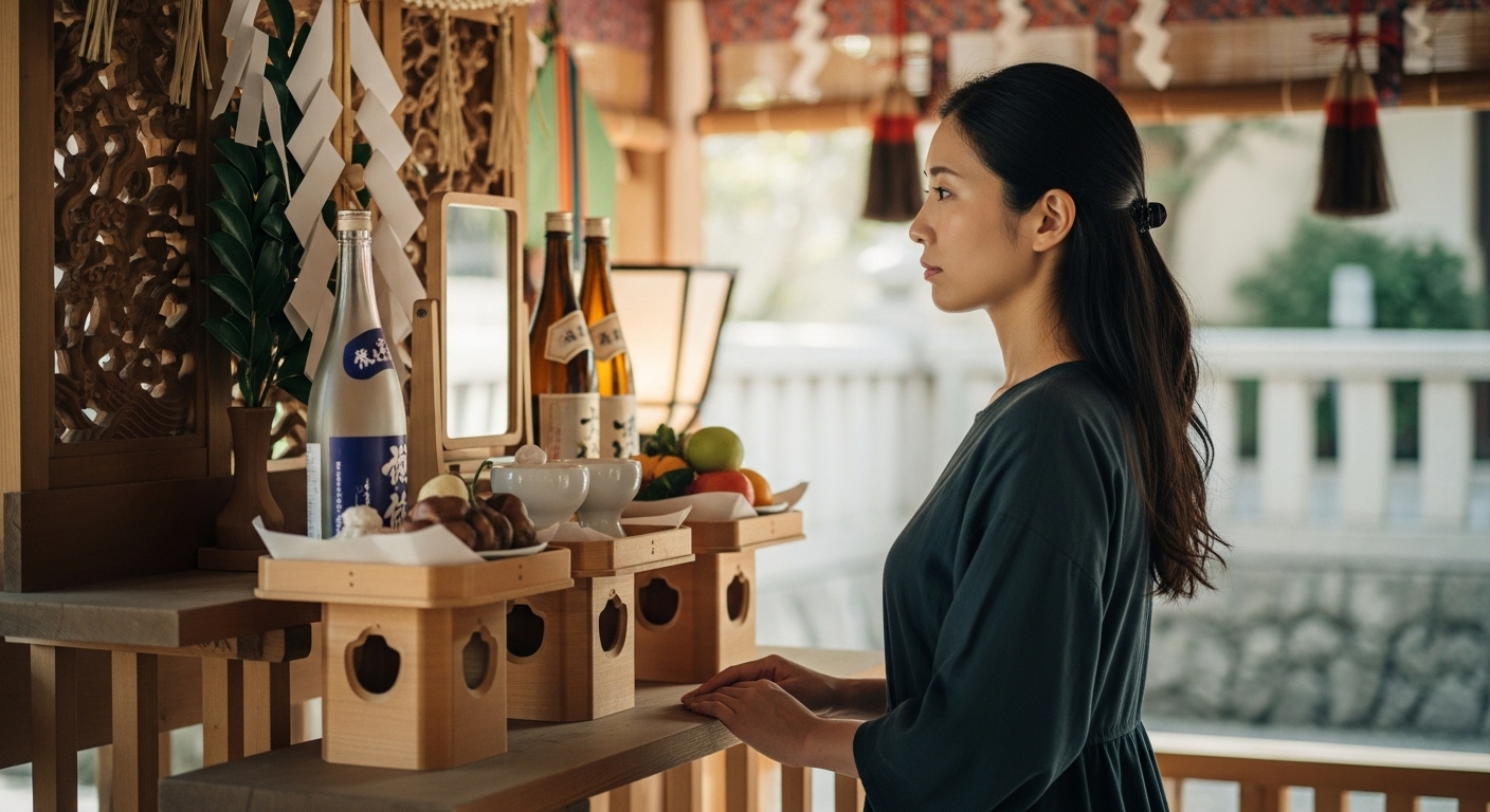 神棚の前で少し考え込む、悩んでいる様子の30代の日本人女性