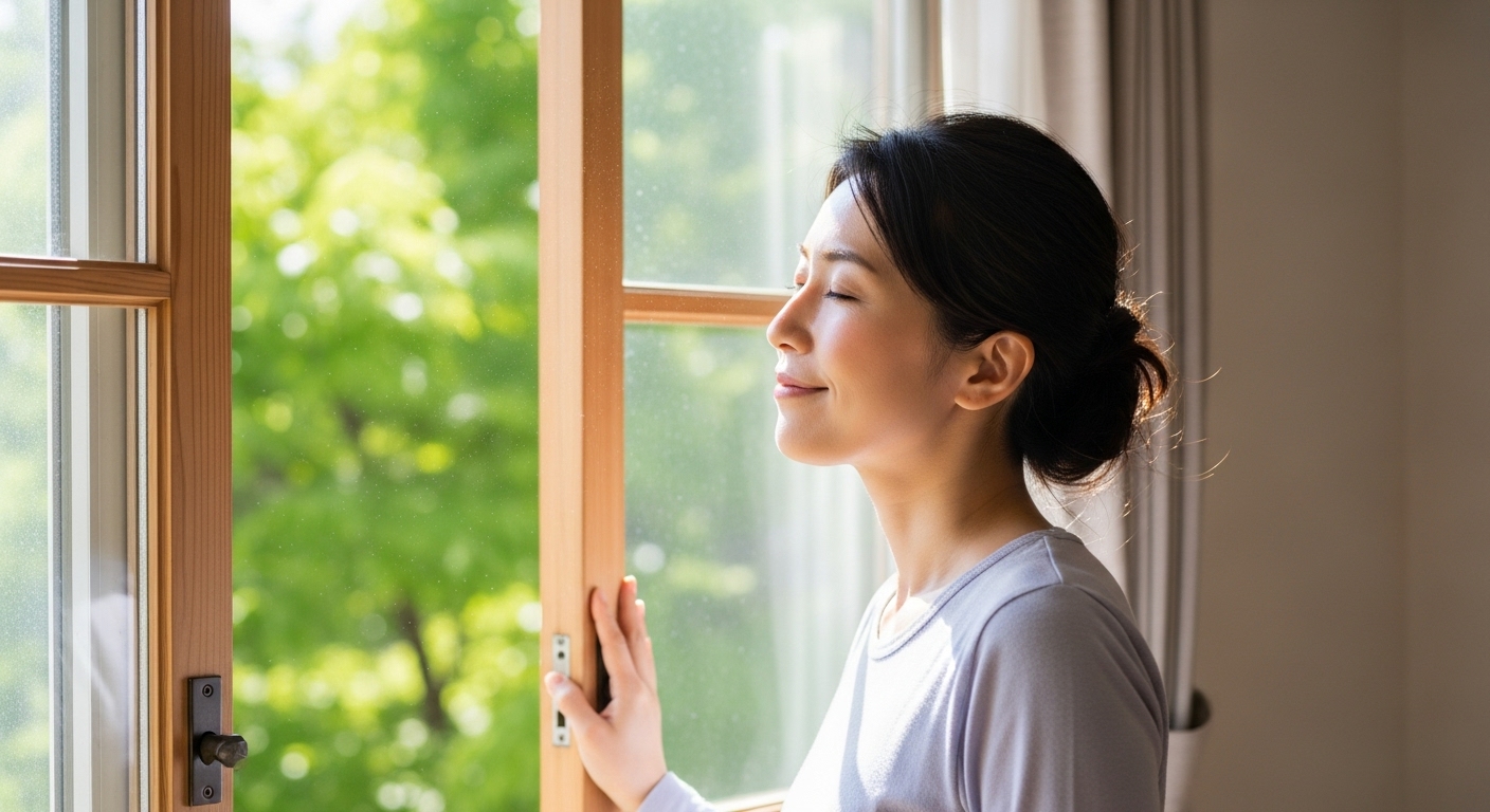晴れた日に窓を開けて、気持ちよさそうに部屋の空気を入れ替えている日本人女性