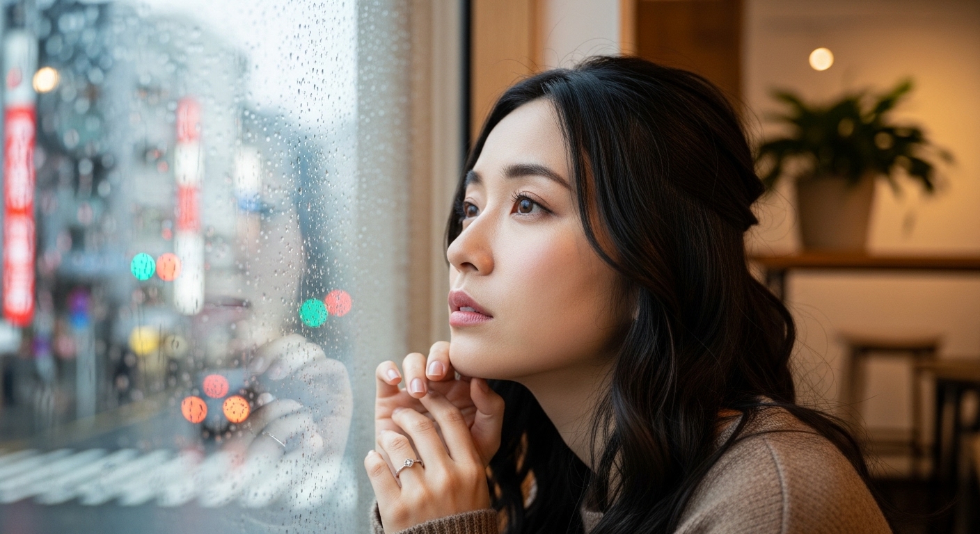 窓の外を眺めながら、自分の将来について深く思いを馳せている、物憂げな表情の日本人女性