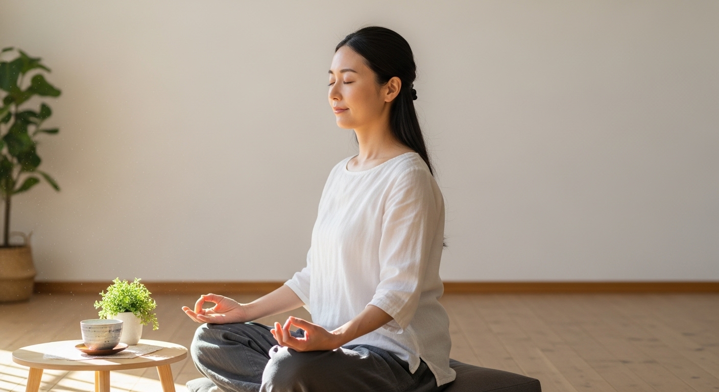 朝日が差し込む静かな部屋で、目を閉じて瞑想し、自分の内側と向き合っている日本人女性