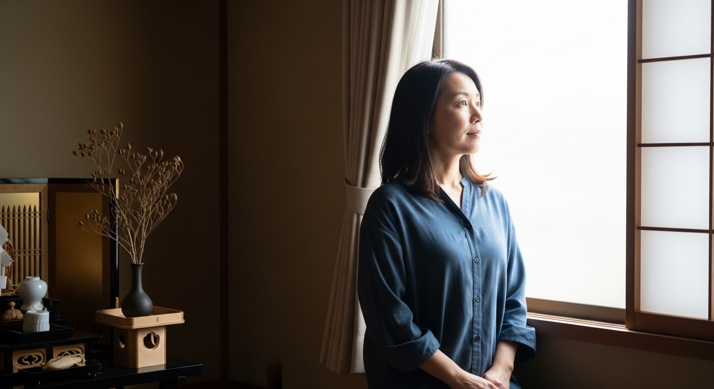 神棚の枯れた榊を背景に、自分の使命に気づき、決意の表情を浮かべる日本人女性