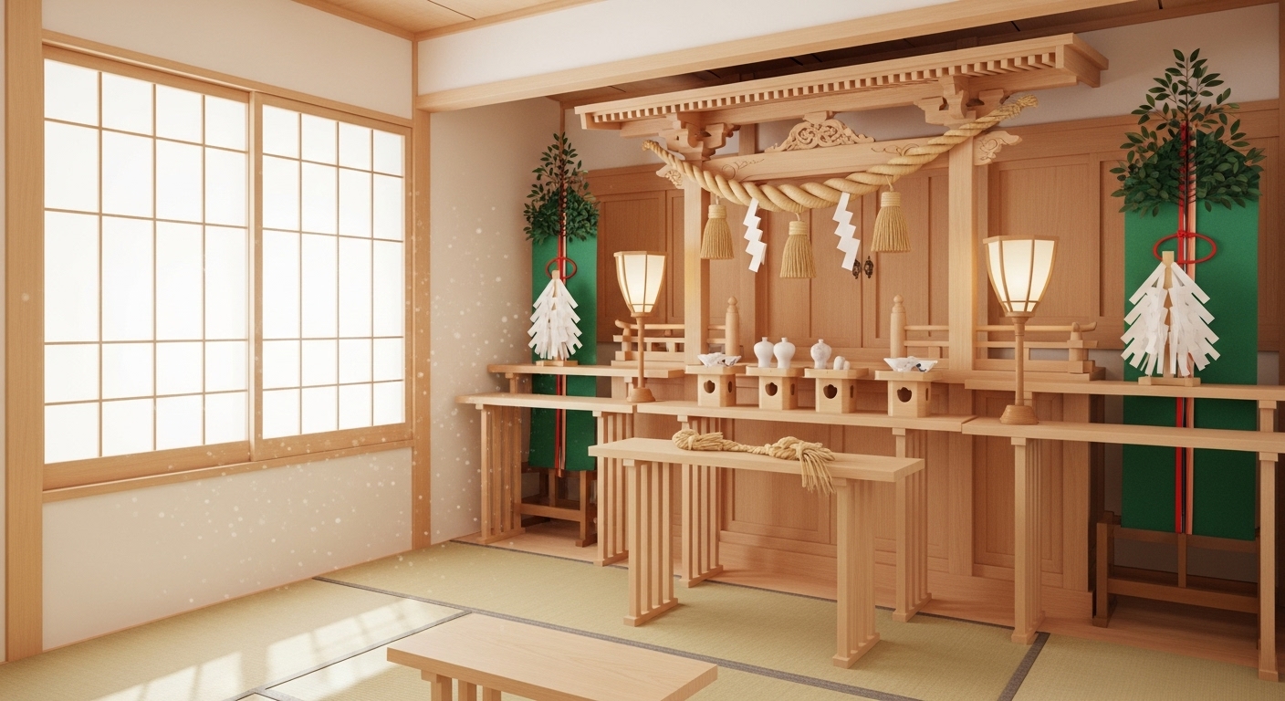 明るく清潔な和室、美しい白木の神棚。新しいしめ縄が丁寧に飾られており、白い紙垂が下がっている。横の窓から柔らかい自然光が差し込み、神聖で穏やかな雰囲気を醸し出している。